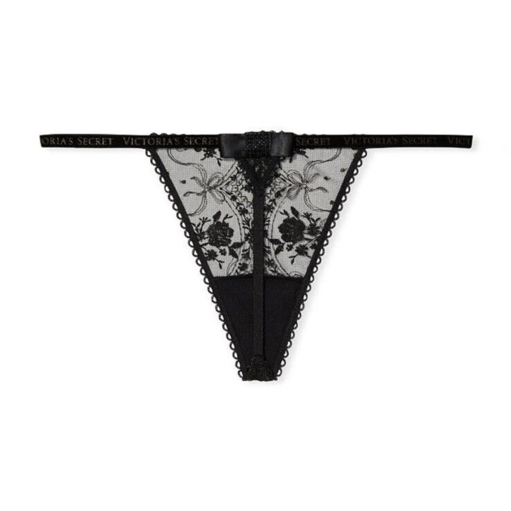 Victoria's Secret Very Sexy V-string Thong Black Sz L - Floral -‎ Rows And Bows